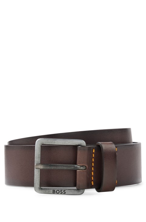 σκούρο καφέ δερμάτινη ζώνη Hugo Boss με αγκράφα με λογότυπο