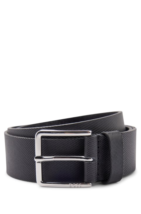 μαύρη δομημένη ιταλική δερμάτινη ζώνη με άκρη με λογότυπο Hugo Boss