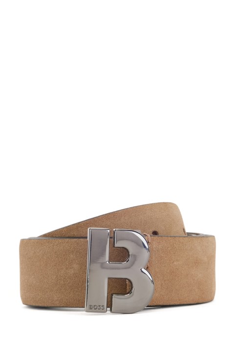 καφέ Hugo Boss ιταλική σουέτ ζώνη με γυαλιστερό μεταλλικό υλικό