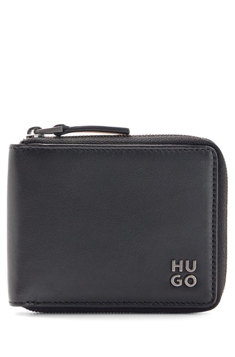 Δερμάτινο πορτοφόλι Hugo Boss με φερμουάρ με μαύρο λογότυπο στοιβαγμένο