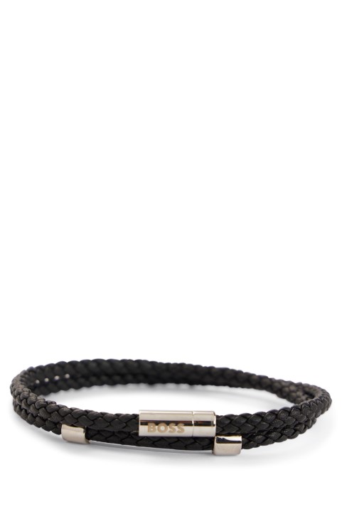 διπλή δερμάτινη μανσέτα με μαγνητικό κλείσιμο με λογότυπο μαύρο Boss Hugo