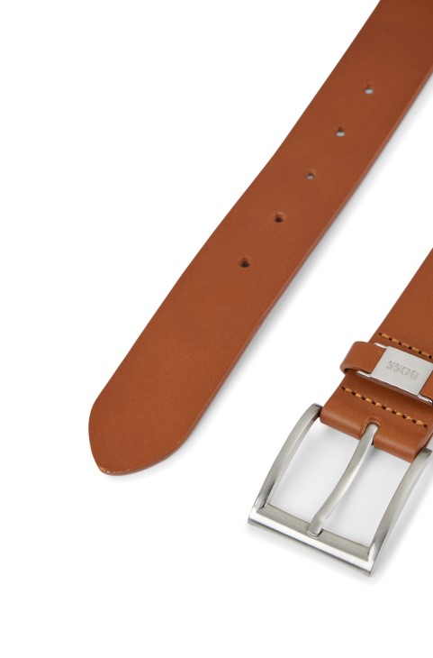 Ιταλική δερμάτινη ζώνη με επώνυμα μεταλλικά τελειώματα Hugo Boss καφέ
