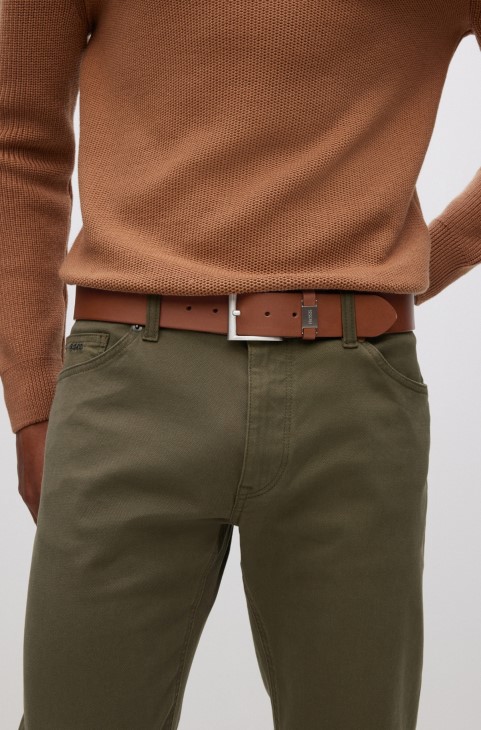 Ιταλική δερμάτινη ζώνη με επώνυμα μεταλλικά τελειώματα Hugo Boss καφέ
