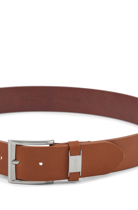 Ιταλική δερμάτινη ζώνη με επώνυμα μεταλλικά τελειώματα Hugo Boss καφέ
