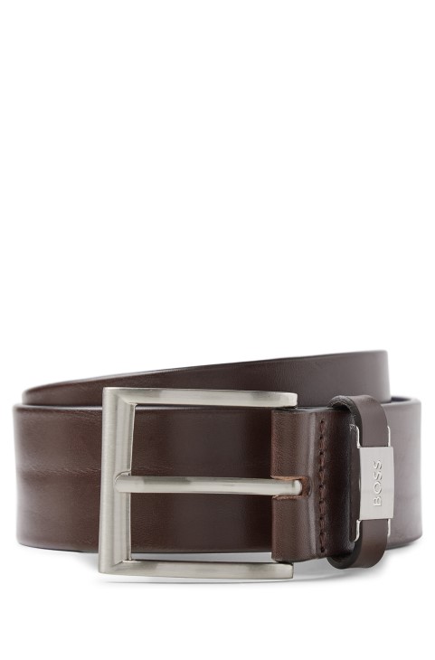 σκούρο καφέ Hugo Boss ιταλική-δερμάτινη ζώνη με επώνυμα μεταλλικά τελειώματα