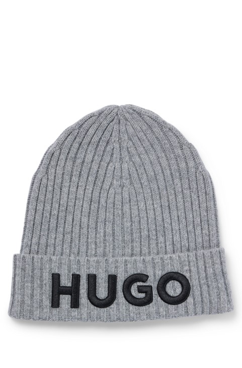 ανοιχτό γκρι Hugo Boss Unisex καπέλο Beanie από παρθένο μαλλί με κεντημένο λογότυπο