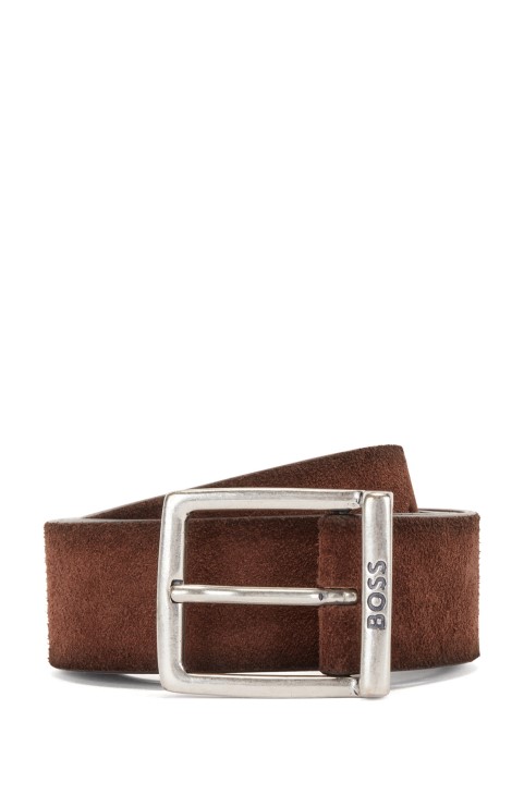 Ζώνη Suede Hugo Boss με τετράγωνη αγκράφα και χαραγμένο λογότυπο σκούρο καφέ