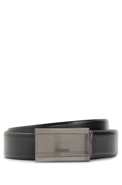 μαύρη ζώνη με χαραγμένο λογότυπο από λείο δέρμα με αγκράφα από πλάκα Hugo Boss