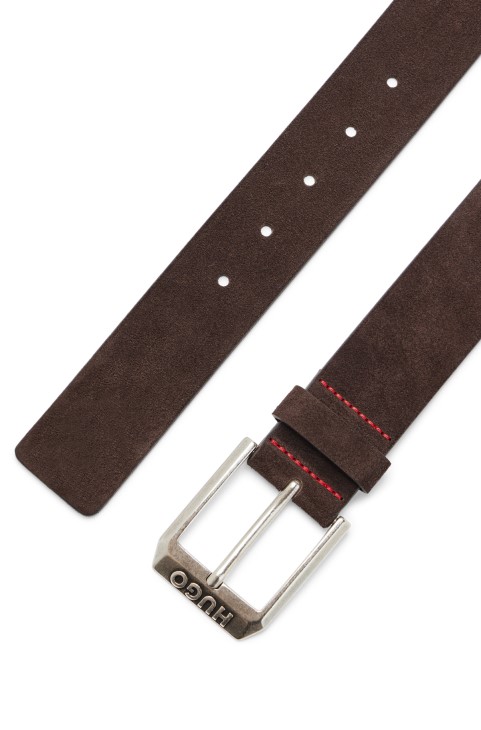 Ζώνη σουέτ με αγκράφα με καρφίτσα λογότυπο Hugo Boss σκούρο καφέ
