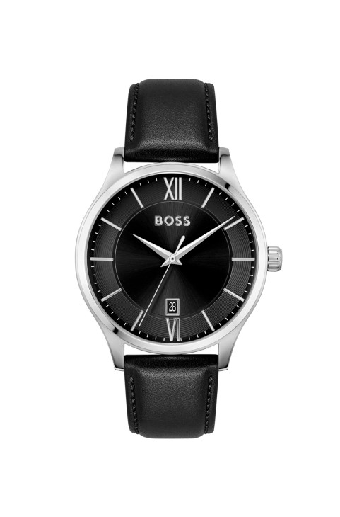 Ρολόι με μαύρο καντράν με μαύρο δερμάτινο λουράκι Hugo Boss ποικίλη προ-συσκευασία