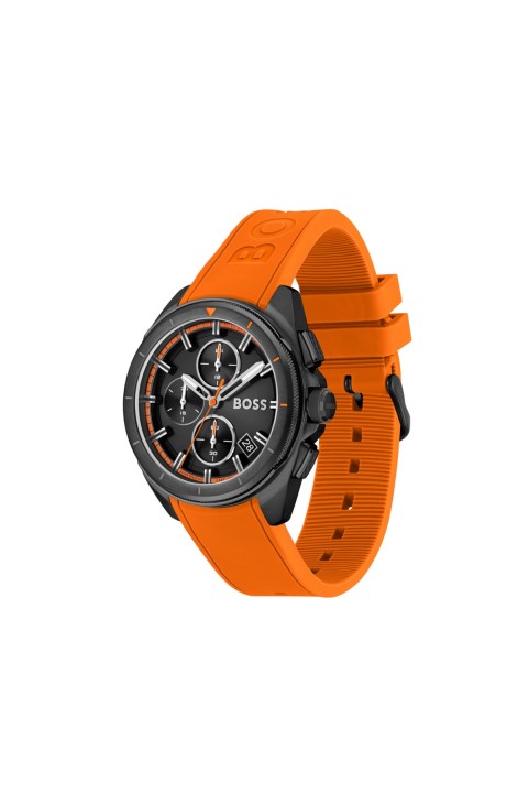Μαύρο ρολόι χρονογράφου με πορτοκαλί λουράκι σιλικόνης σε ποικιλία Prepack Hugo Boss
