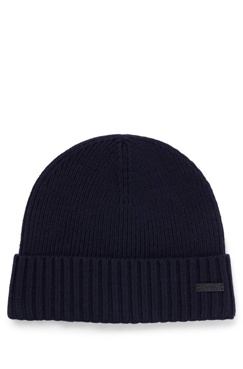 καπέλο από παρθένο μαλλί με λογότυπο από ψεύτικο δέρμα Patch Hugo Boss σκούρο μπλε