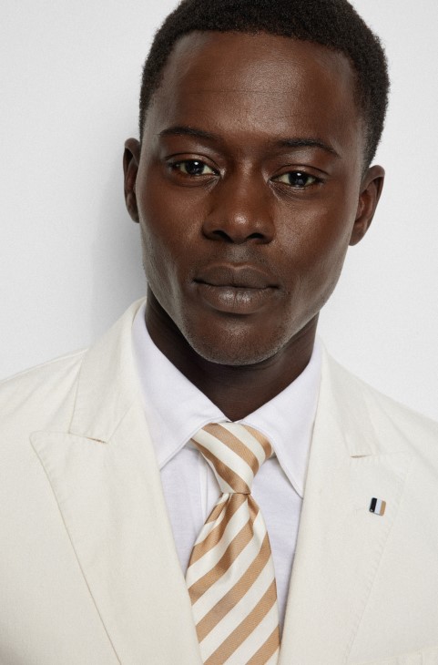 γραβάτα καθαρό μεταξωτό με διαγώνιες ρίγες ανοιχτό μπεζ Hugo Boss
