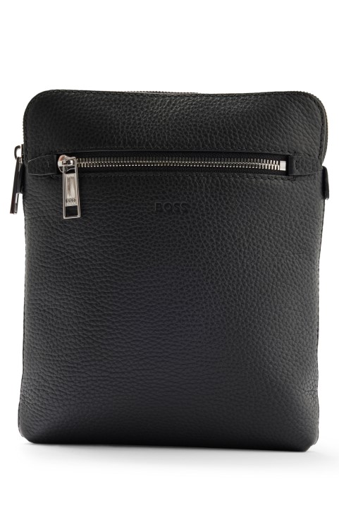 Μαύρη τσάντα φάκελος Hugo Boss από ιταλικό δέρμα με μπροστινή τσέπη με φερμουάρ