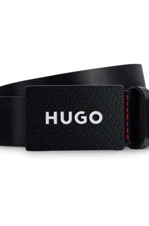 μαύρη Hugo Boss ιταλική-δερμάτινη ζώνη με επώνυμη αγκράφα από πλάκα