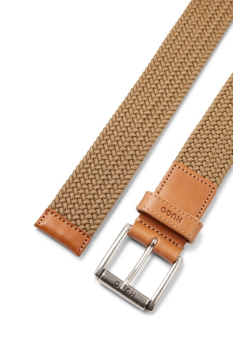 Hugo Boss μπεζ ιταλικής κατασκευής ελαστική υφαντή ζώνη με δερμάτινα τελειώματα
