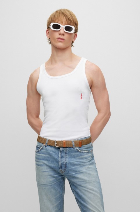 Hugo Boss μπεζ ιταλικής κατασκευής ελαστική υφαντή ζώνη με δερμάτινα τελειώματα
