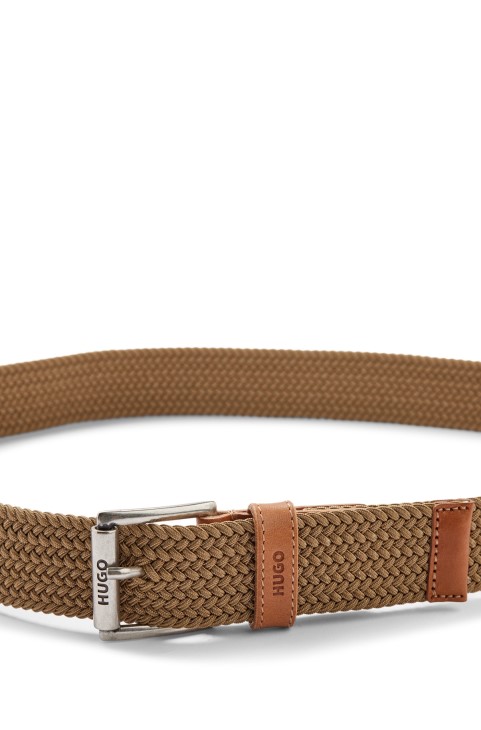 Hugo Boss μπεζ ιταλικής κατασκευής ελαστική υφαντή ζώνη με δερμάτινα τελειώματα
