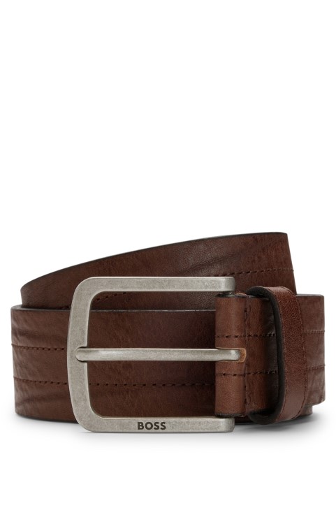 σκούρο καφέ Hugo Boss ιταλική-δερμάτινη ζώνη με λεπτομέρεια ραφής