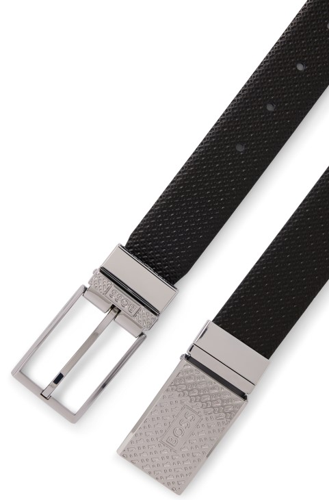 μαύρη αναστρέψιμη ιταλική δερμάτινη ζώνη με πόρπες με καρφίτσα και πλάκα Hugo Boss

