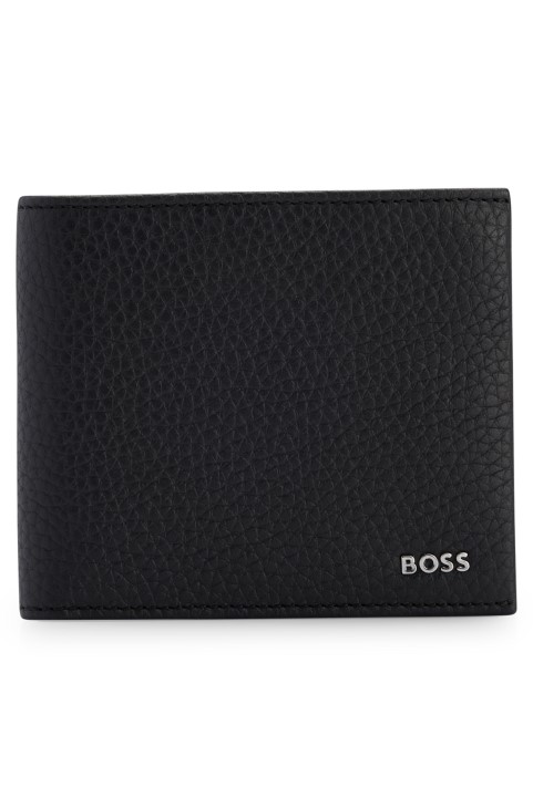 Ιταλικό δερμάτινο πορτοφόλι με ασημί-hardware λογότυπο Hugo Boss μαύρο