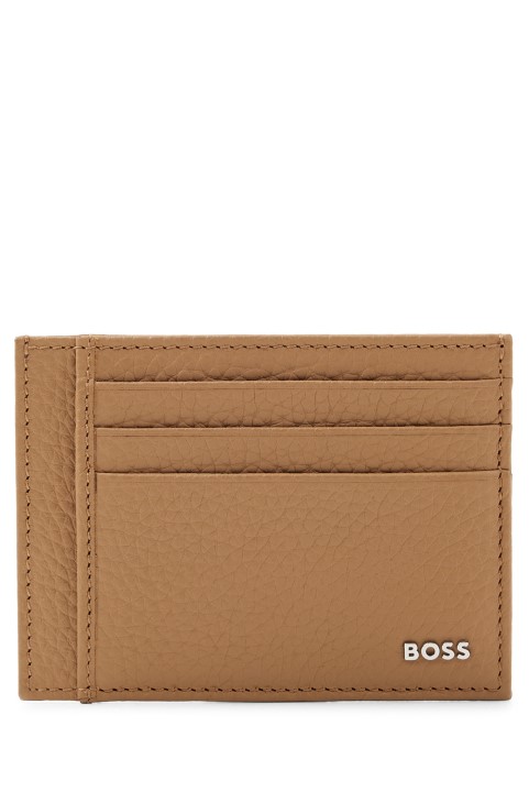Μπεζ ιταλική δερμάτινη θήκη για κάρτες με ασημί λογότυπο Hugo Boss
