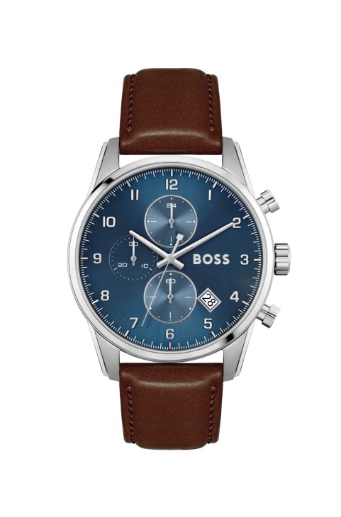 ανάμεικτο ρολόι χρονογράφου Pre Pack με μπλε καντράν με καφέ δερμάτινο λουράκι Hugo Boss