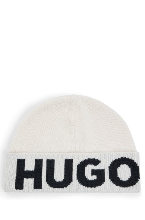 καπέλο Beanie με ζακάρ υφαντό λογότυπο αντίθεσης λευκό Hugo Boss