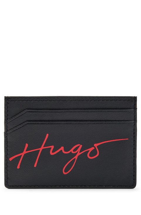 μαύρη δερμάτινη κάρτα με χειρόγραφο λογότυπο και εφέ λάμψης Hugo Boss